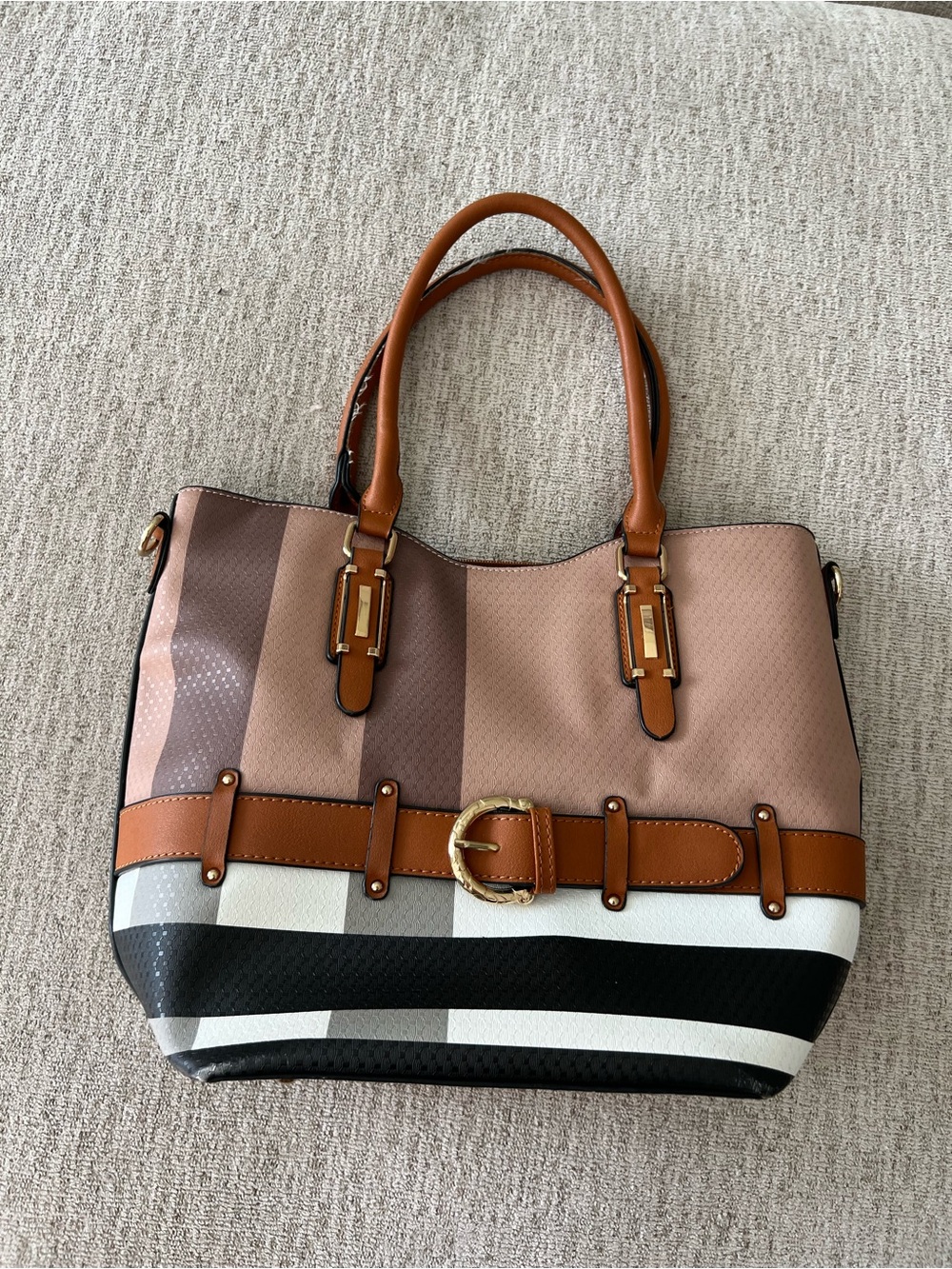 Women’s Tan & Blush Stripe Tote Bag with Belt Detail